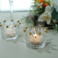 6 Pack Clear Crystal Glass Crown Tea Light Votive Candle Holders With Gold Beaded Tips - 3"x2" -Home Decor Promotional Store Pack Clear Crystal Glass Crown Tea Light Votive Candle Holders With Gold Beaded Tips