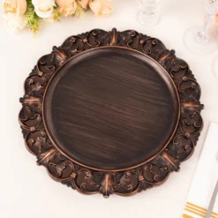 6 Pack Dark Brown Aristocrat Style Acrylic Charger Plates With Ornate Embossed Rim, 13" Round Retro Baroque Plastic Serving Plates -Home Decor Promotional Store Pack Dark Brown Aristocrat Style Acrylic Charger Plates