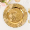 6 Pack Metallic Gold Acrylic Plastic Serving Plates With Embossed Tropical Leaves, 13" Round Decorative Dinner Charger Plates