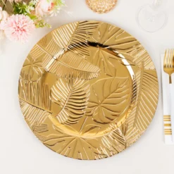 6 Pack Metallic Gold Acrylic Plastic Serving Plates With Embossed Tropical Leaves, 13" Round Decorative Dinner Charger Plates