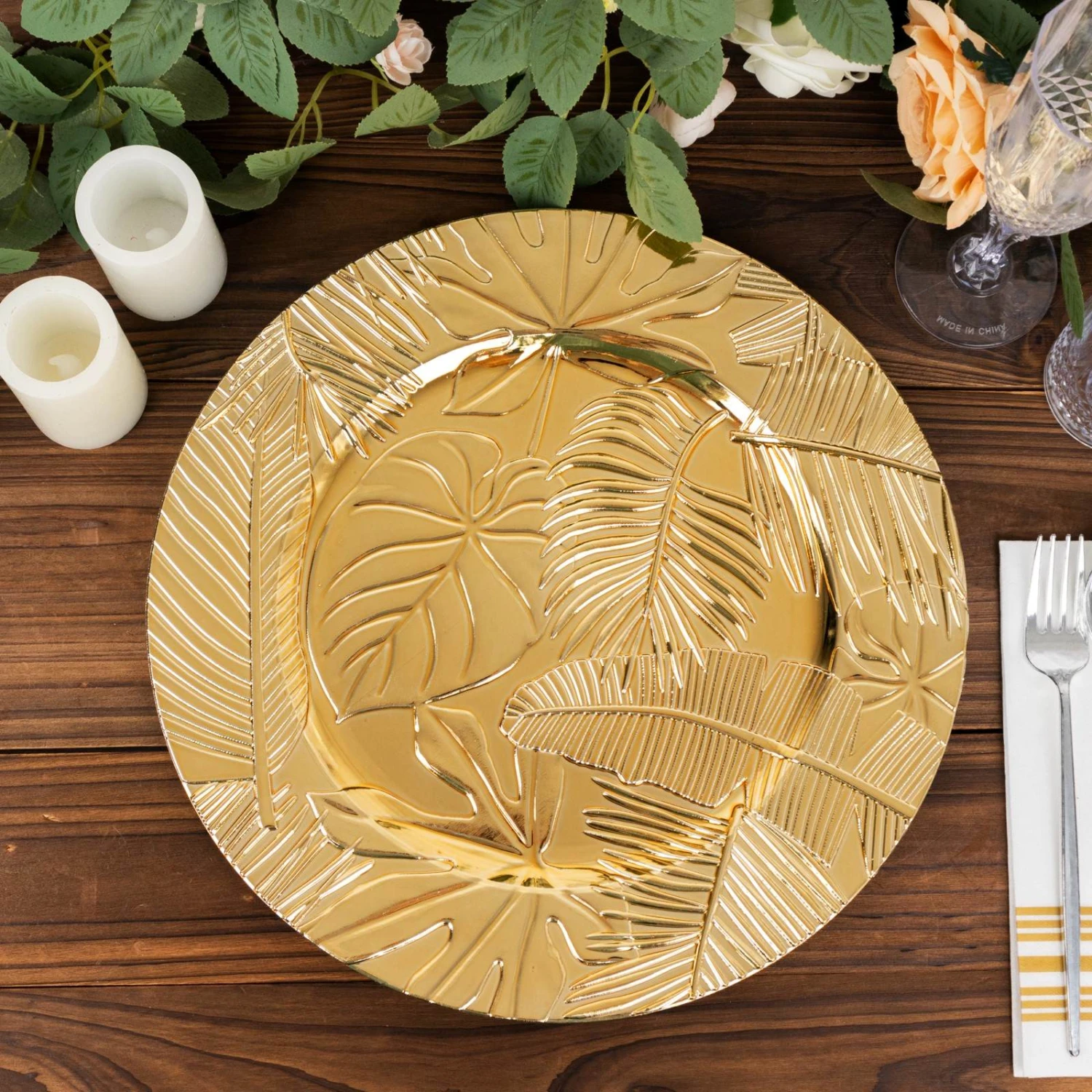 6 Pack Metallic Gold Acrylic Plastic Serving Plates With Embossed Tropical Leaves, 13" Round Decorative Dinner Charger Plates 2 6 Pack Metallic Gold Acrylic Plastic Serving Plates With Embossed Tropical Leaves, 13" Round Decorative Dinner Charger Plates - Image 2
