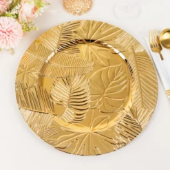 6 Pack Metallic Gold Acrylic Plastic Serving Plates With Embossed Tropical Leaves, 13" Round Decorative Dinner Charger Plates 13 6 Pack Metallic Gold Acrylic Plastic Serving Plates With Embossed Tropical Leaves, 13" Round Decorative Dinner Charger Plates -Home Decor Promotional Store Pack Gold Embossed Tropical Leaves Design Serving Plate 5