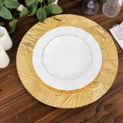 6 Pack Metallic Gold Acrylic Plastic Serving Plates With Embossed Tropical Leaves, 13" Round Decorative Dinner Charger Plates 14 6 Pack Metallic Gold Acrylic Plastic Serving Plates With Embossed Tropical Leaves, 13" Round Decorative Dinner Charger Plates -Home Decor Promotional Store Pack Gold Embossed Tropical Leaves Design Serving Plate 6