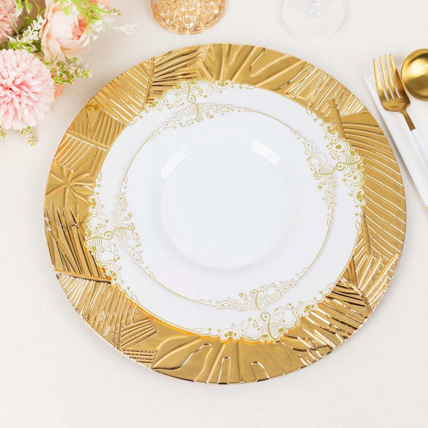 6 Pack Metallic Gold Acrylic Plastic Serving Plates With Embossed Tropical Leaves, 13" Round Decorative Dinner Charger Plates 7 6 Pack Metallic Gold Acrylic Plastic Serving Plates With Embossed Tropical Leaves, 13" Round Decorative Dinner Charger Plates - Image 7