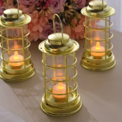 3 Pack Gold Mini LED Tealight Candle Lantern Lamps, Battery Operated Decorative Lanterns - 7"