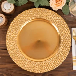 6 Pack Metallic Gold Plastic Charger Plates With Hammered Rim, 13" Round Decorative Serving Plates