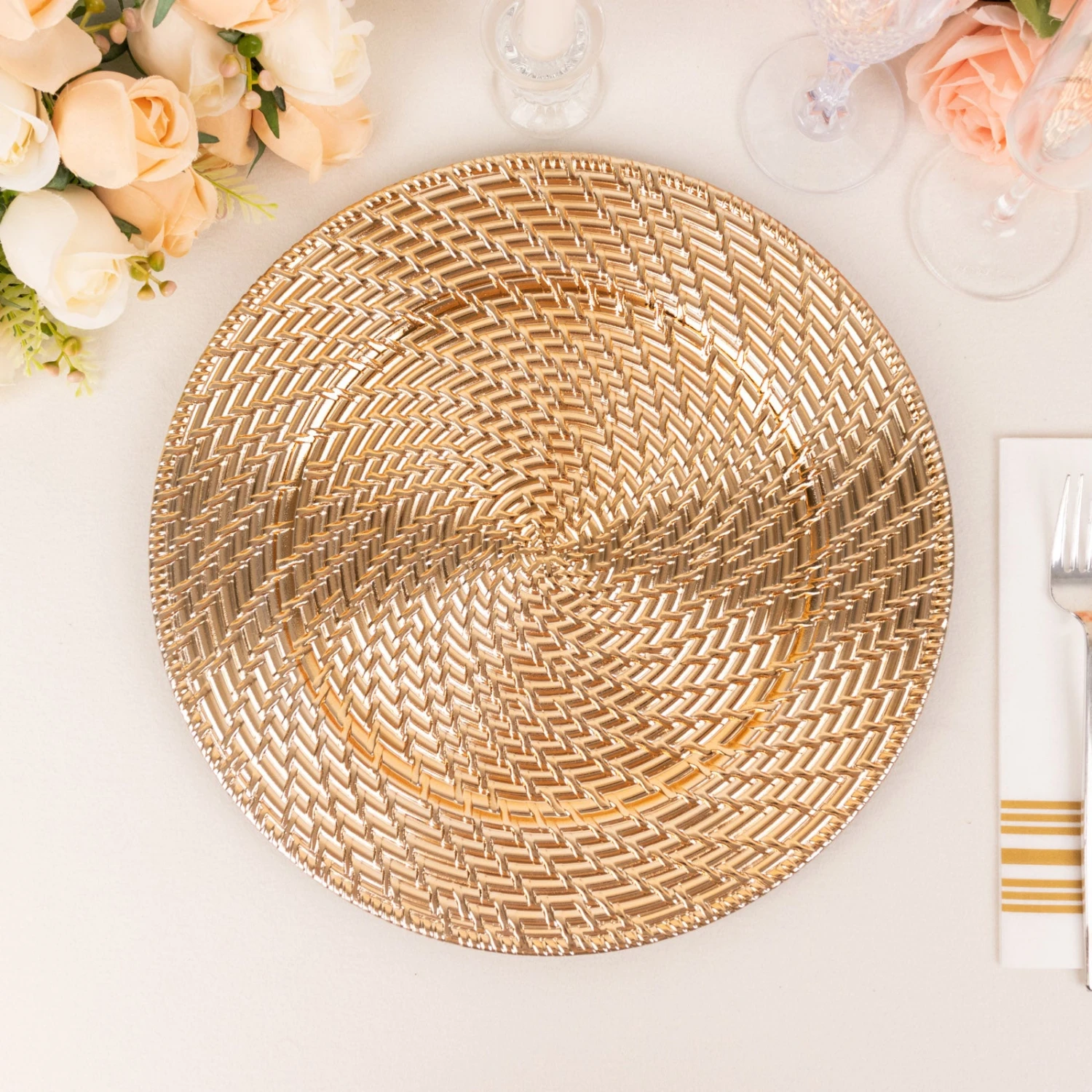 6 Pack Metallic Gold Swirl Rattan Acrylic Charger Plates, 13" Round Farmhouse Plastic Serving Plates 2 6 Pack Metallic Gold Swirl Rattan Acrylic Charger Plates, 13" Round Farmhouse Plastic Serving Plates - Image 2