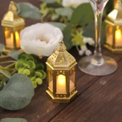 6 Pack Gold Vintage Mini Lantern With Flickering LED Tealight Candles, Moroccan Style Battery Operated Warm White Candle Lantern Lamp Centerpieces - 3.5"