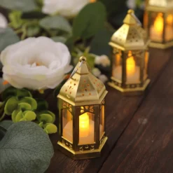 6 Pack Gold Vintage Mini Lantern With Flickering LED Tealight Candles, Moroccan Style Battery Operated Warm White Candle Lantern Lamp Centerpieces - 3.5" -Home Decor Promotional Store Pack Gold Vintage Mini Lantern with Flickering LED Tealight Candles 5
