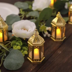 6 Pack Gold Vintage Mini Lantern With Flickering LED Tealight Candles, Moroccan Style Battery Operated Warm White Candle Lantern Lamp Centerpieces - 3.5" -Home Decor Promotional Store Pack Gold Vintage Mini Lantern with Flickering LED Tealight Candles 6