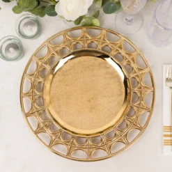 6 Pack Metallic Gold Acrylic Plastic Serving Plates With Hollow Semi Circle Rim, 13" Round Decorative Charger Plates 19 6 Pack Metallic Gold Acrylic Plastic Serving Plates With Hollow Semi Circle Rim, 13" Round Decorative Charger Plates -Home Decor Promotional Store Pack Metallic Gold Acrylic Plastic Serving Plates With Semi Circle Pattern Hollow Out Edge 10