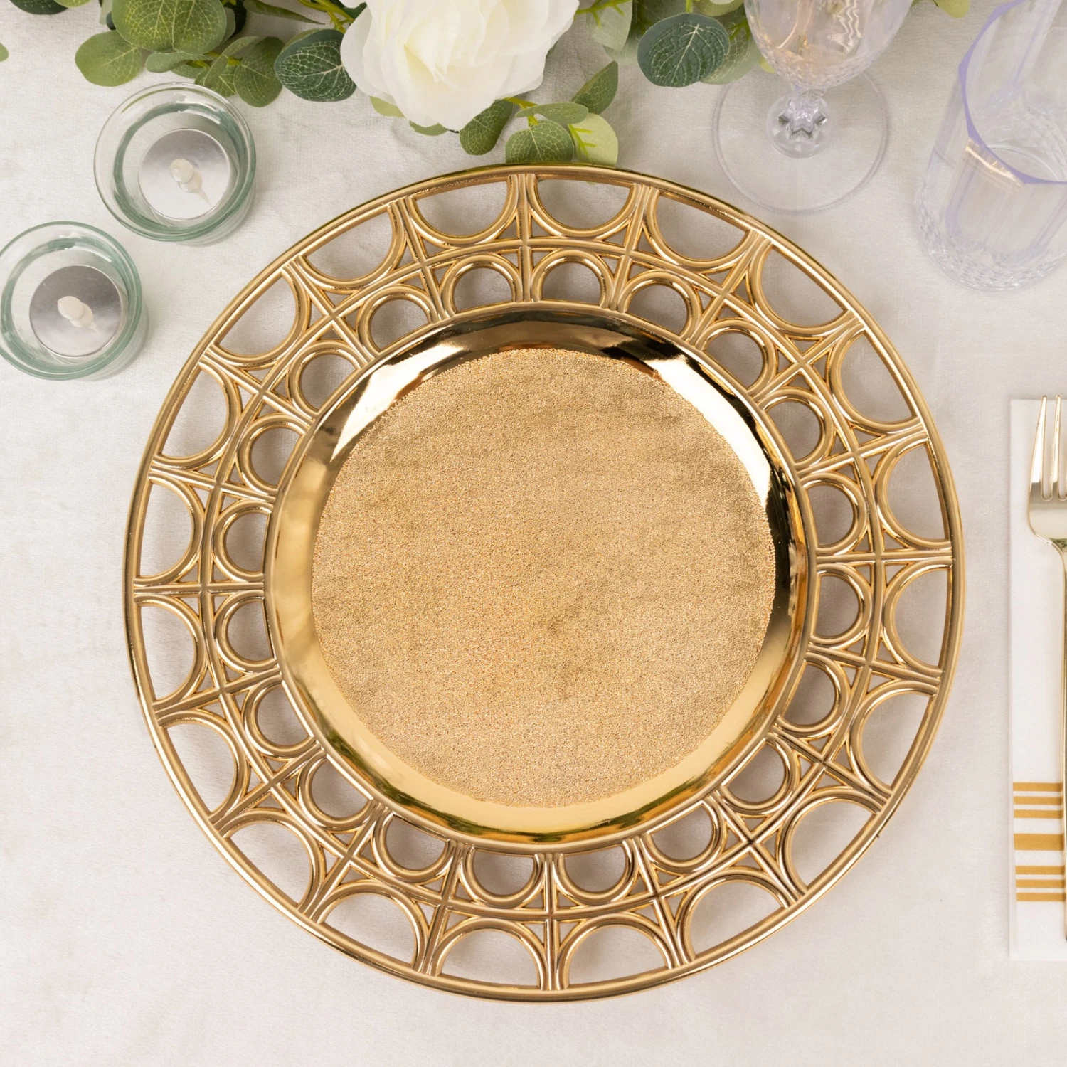 6 Pack Metallic Gold Acrylic Plastic Serving Plates With Hollow Semi Circle Rim, 13" Round Decorative Charger Plates 10 6 Pack Metallic Gold Acrylic Plastic Serving Plates With Hollow Semi Circle Rim, 13" Round Decorative Charger Plates - Image 10