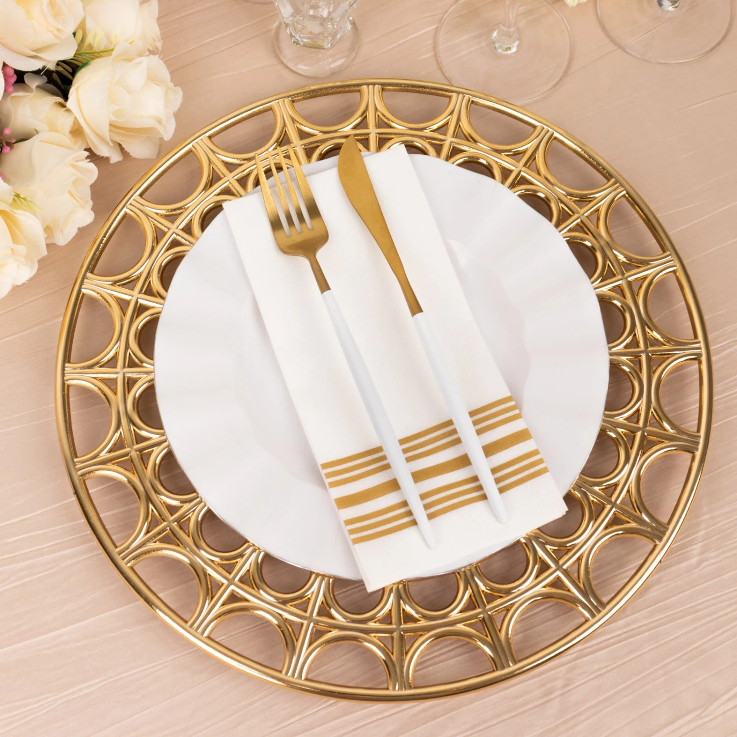 6 Pack Metallic Gold Acrylic Plastic Serving Plates With Hollow Semi Circle Rim, 13" Round Decorative Charger Plates 2 6 Pack Metallic Gold Acrylic Plastic Serving Plates With Hollow Semi Circle Rim, 13" Round Decorative Charger Plates - Image 2