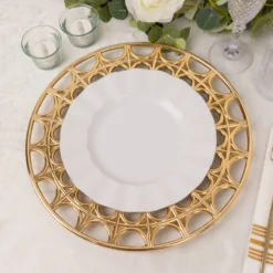 6 Pack Metallic Gold Acrylic Plastic Serving Plates With Hollow Semi Circle Rim, 13" Round Decorative Charger Plates 12 6 Pack Metallic Gold Acrylic Plastic Serving Plates With Hollow Semi Circle Rim, 13" Round Decorative Charger Plates -Home Decor Promotional Store Pack Metallic Gold Acrylic Plastic Serving Plates With Semi Circle Pattern Hollow Out Edge 3