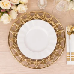 6 Pack Metallic Gold Acrylic Plastic Serving Plates With Hollow Semi Circle Rim, 13" Round Decorative Charger Plates 13 6 Pack Metallic Gold Acrylic Plastic Serving Plates With Hollow Semi Circle Rim, 13" Round Decorative Charger Plates -Home Decor Promotional Store Pack Metallic Gold Acrylic Plastic Serving Plates With Semi Circle Pattern Hollow Out Edge 4