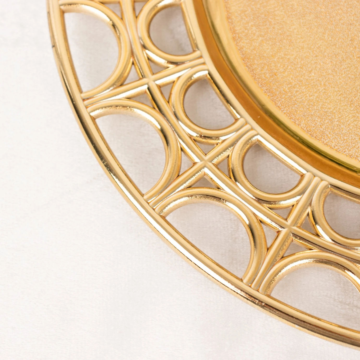 6 Pack Metallic Gold Acrylic Plastic Serving Plates With Hollow Semi Circle Rim, 13" Round Decorative Charger Plates 5 6 Pack Metallic Gold Acrylic Plastic Serving Plates With Hollow Semi Circle Rim, 13" Round Decorative Charger Plates - Image 5