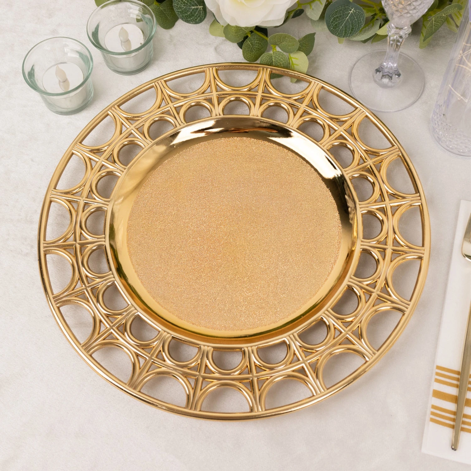 6 Pack Metallic Gold Acrylic Plastic Serving Plates With Hollow Semi Circle Rim, 13" Round Decorative Charger Plates 6 6 Pack Metallic Gold Acrylic Plastic Serving Plates With Hollow Semi Circle Rim, 13" Round Decorative Charger Plates - Image 6