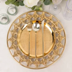 6 Pack Metallic Gold Acrylic Plastic Serving Plates With Hollow Semi Circle Rim, 13" Round Decorative Charger Plates 16 6 Pack Metallic Gold Acrylic Plastic Serving Plates With Hollow Semi Circle Rim, 13" Round Decorative Charger Plates -Home Decor Promotional Store Pack Metallic Gold Acrylic Plastic Serving Plates With Semi Circle Pattern Hollow Out Edge 7