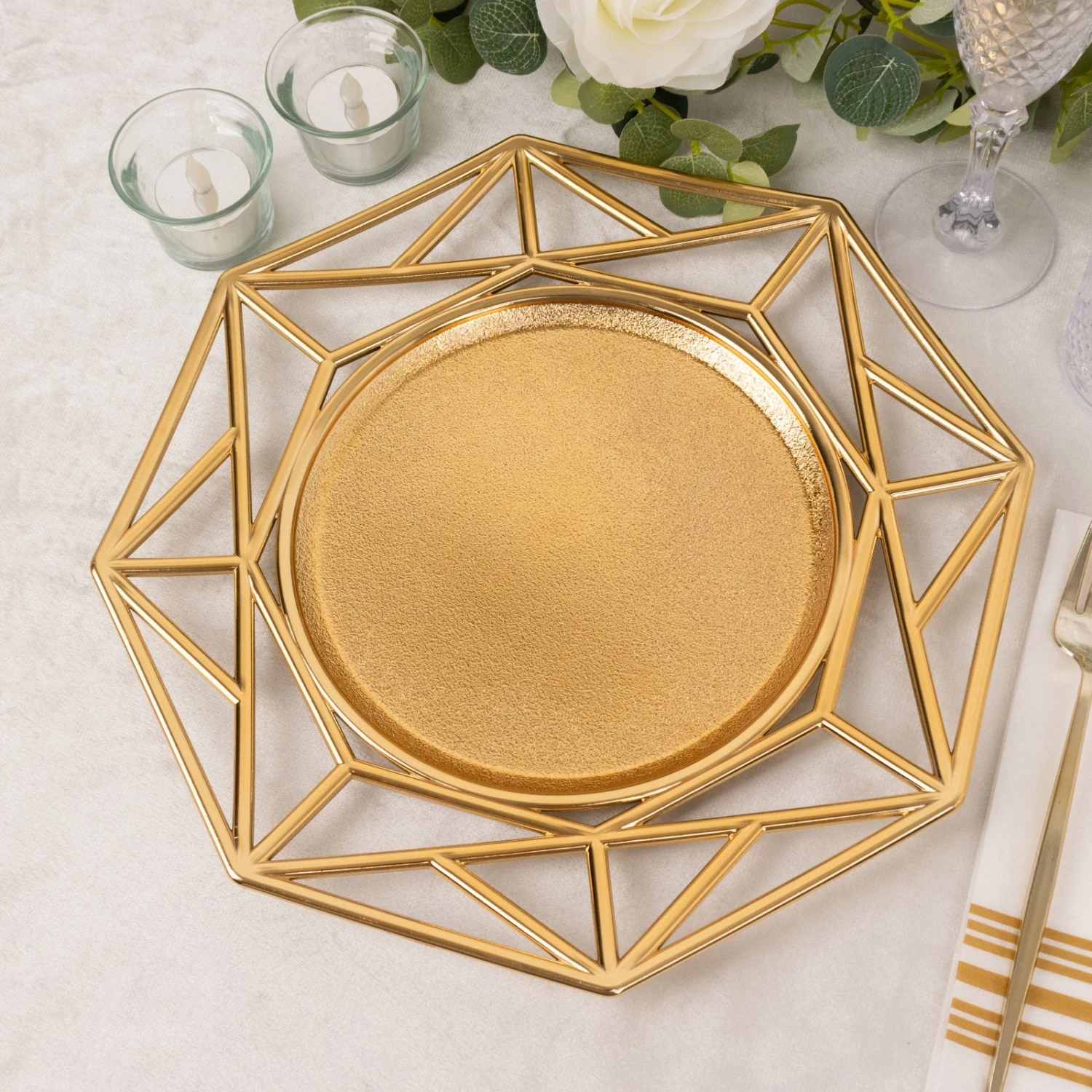 6 Pack Metallic Gold Octagon Acrylic Plastic Serving Plates, 13" Decorative Charger Plates With Hollow Geometric Rim 2 6 Pack Metallic Gold Octagon Acrylic Plastic Serving Plates, 13" Decorative Charger Plates With Hollow Geometric Rim - Image 2