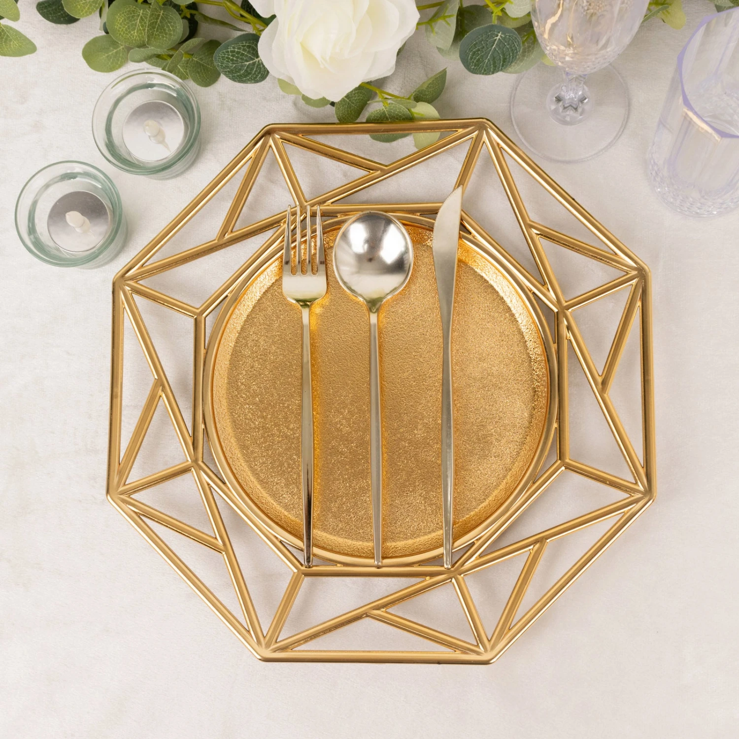 6 Pack Metallic Gold Octagon Acrylic Plastic Serving Plates, 13" Decorative Charger Plates With Hollow Geometric Rim 1 6 Pack Metallic Gold Octagon Acrylic Plastic Serving Plates, 13" Decorative Charger Plates With Hollow Geometric Rim