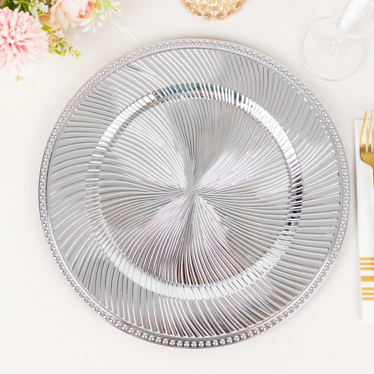 6 Pack Metallic Swirl Pattern Acrylic Charger Plates With Beaded Rim, 13" Round Plastic Decorative Serving Plates 3 6 Pack Metallic Swirl Pattern Acrylic Charger Plates With Beaded Rim, 13" Round Plastic Decorative Serving Plates - Image 3