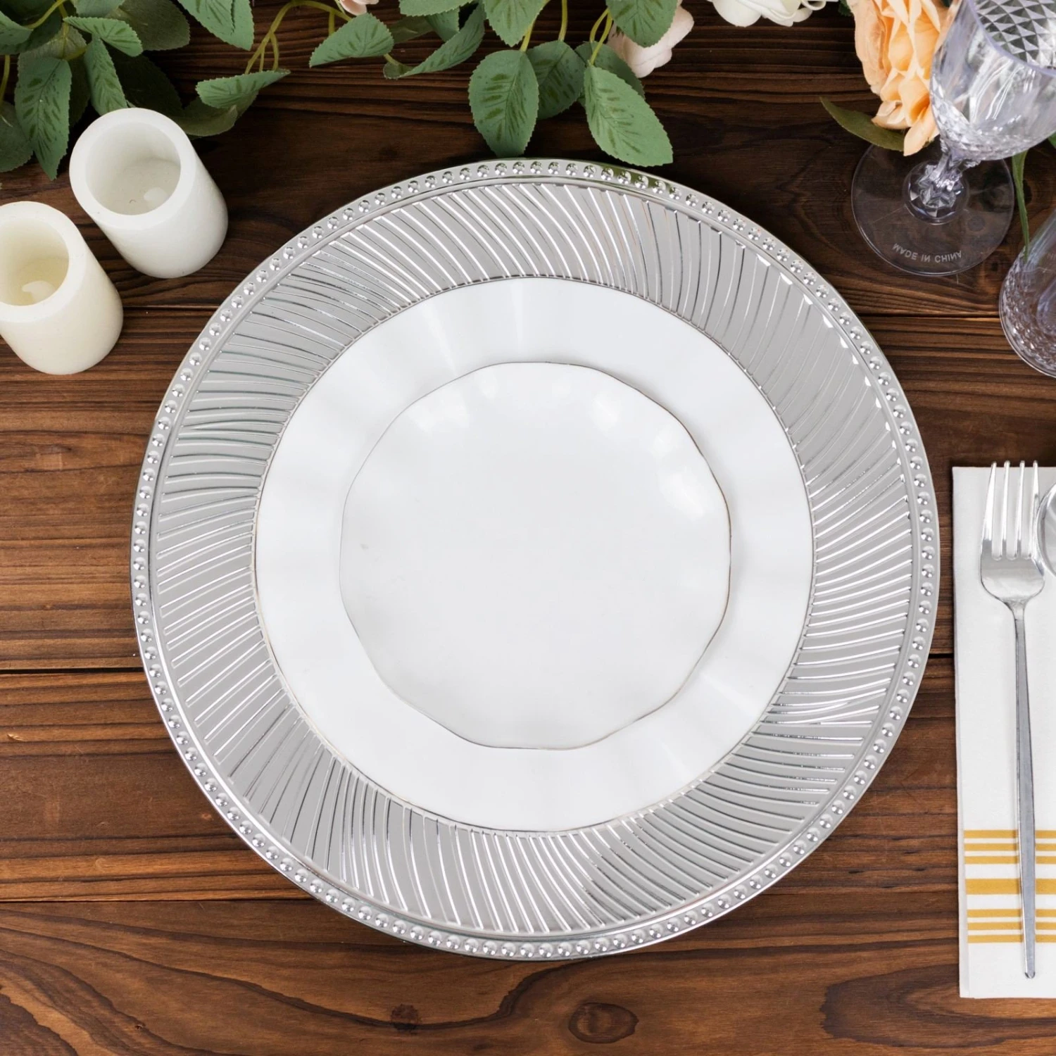 6 Pack Metallic Swirl Pattern Acrylic Charger Plates With Beaded Rim, 13" Round Plastic Decorative Serving Plates 6 6 Pack Metallic Swirl Pattern Acrylic Charger Plates With Beaded Rim, 13" Round Plastic Decorative Serving Plates - Image 6