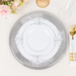 6 Pack Metallic Swirl Pattern Acrylic Charger Plates With Beaded Rim, 13" Round Plastic Decorative Serving Plates 19 6 Pack Metallic Swirl Pattern Acrylic Charger Plates With Beaded Rim, 13" Round Plastic Decorative Serving Plates -Home Decor Promotional Store Pack Metallic Silver Swirl Acrylic Plastic Dinner Charger Plates 6