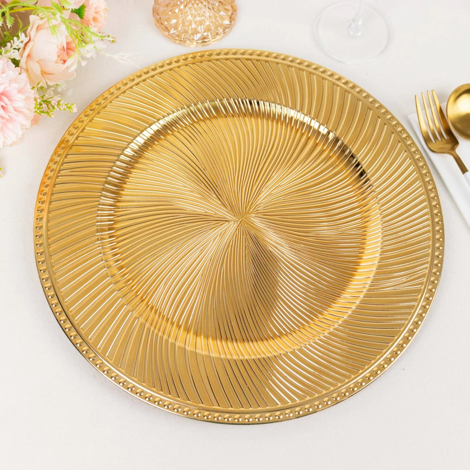 6 Pack Metallic Swirl Pattern Acrylic Charger Plates With Beaded Rim, 13" Round Plastic Decorative Serving Plates 2 6 Pack Metallic Swirl Pattern Acrylic Charger Plates With Beaded Rim, 13" Round Plastic Decorative Serving Plates - Image 2