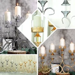 Antique Metal 5 Arm Pillar Candle Table Candelabra, Crown Top Horizontal Centerpiece Hurricane Glass Votive Candle Holders 18” Tall -Home Decor Promotional Store Q TLuMSA