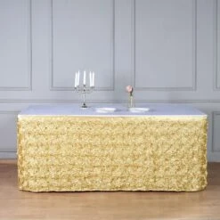 17ft Satin Rosette Fitted Table Cover, 3D Rose Table Skirt -Home Decor Promotional Store SKT 01 CHMP 17 01