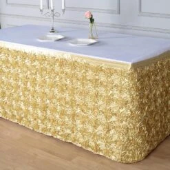 17ft Satin Rosette Fitted Table Cover, 3D Rose Table Skirt -Home Decor Promotional Store SKT 01 CHMP 17 02
