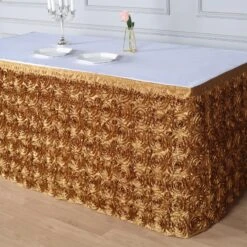 17ft Satin Rosette Fitted Table Cover, 3D Rose Table Skirt -Home Decor Promotional Store SKT 01 GOLD 17 02