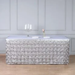 17ft Satin Rosette Fitted Table Cover, 3D Rose Table Skirt -Home Decor Promotional Store SKT 01 SILV 17 01