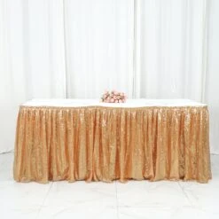 17ft Sparkly Sequin Pleated Satin Table Skirt With Top Velcro Strip -Home Decor Promotional Store SKT 02P GOLD 17 D03