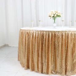 17ft Sparkly Sequin Pleated Satin Table Skirt With Top Velcro Strip -Home Decor Promotional Store SKT 02P GOLD 17 D09