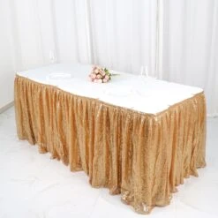 17ft Sparkly Sequin Pleated Satin Table Skirt With Top Velcro Strip -Home Decor Promotional Store SKT 02P GOLD 17 02