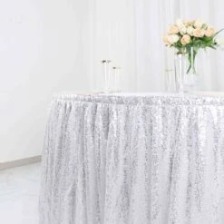 17ft Sparkly Sequin Pleated Satin Table Skirt With Top Velcro Strip -Home Decor Promotional Store SKT 02P SILV 17 D01 scaled