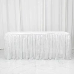 17ft Sparkly Sequin Pleated Satin Table Skirt With Top Velcro Strip -Home Decor Promotional Store SKT 02P SILV 17 D02 scaled