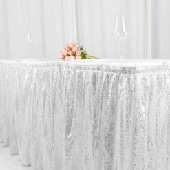 17ft Sparkly Sequin Pleated Satin Table Skirt With Top Velcro Strip -Home Decor Promotional Store SKT 02P SILV 17 D06 scaled