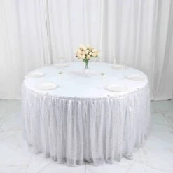 17ft Sparkly Sequin Pleated Satin Table Skirt With Top Velcro Strip -Home Decor Promotional Store SKT 02P SILV 17 D08 scaled