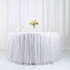 17ft Sparkly Sequin Pleated Satin Table Skirt With Top Velcro Strip