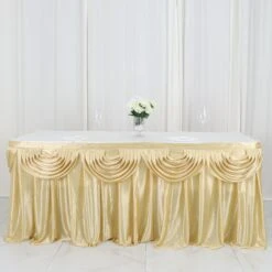 14FT Pleated Satin Double Drape Table Skirt -Home Decor Promotional Store SKT 06 CHMP 14 01