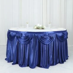 14FT Pleated Satin Double Drape Table Skirt -Home Decor Promotional Store SKT 06 NAVY 14 D06