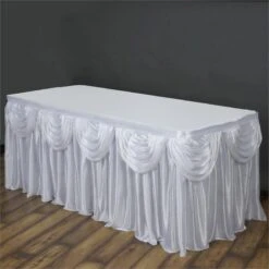 14FT Pleated Satin Double Drape Table Skirt -Home Decor Promotional Store SKT 06 WHT 14.1