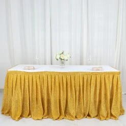 17ft Shiny Metallic Spandex Pleated Table Skirt, Glitter Semi-Sheer Table Skirt With Top Velcro Strip