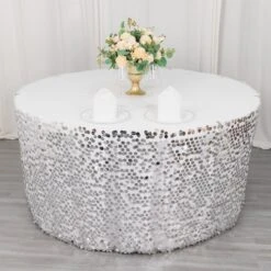 21ft Premium Big Payette Sequin Dual Layered Satin Table Skirt -Home Decor Promotional Store SKT 71 SILV 21 D09