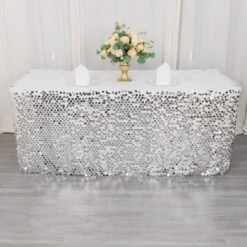 21ft Premium Big Payette Sequin Dual Layered Satin Table Skirt -Home Decor Promotional Store SKT 71 SILV 21 01