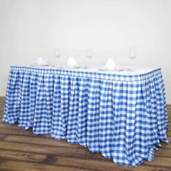 Checkered Table Skirt | 14FT | Buffalo Plaid Gingham Polyester Table Skirts 24 Checkered Table Skirt | 14FT | Buffalo Plaid Gingham Polyester Table Skirts -Home Decor Promotional Store SKT CHK BLUE 14 01