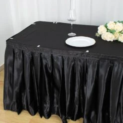 17FT Satin Table Skirt, Glossy Pleated Table Drape -Home Decor Promotional Store SKT STN BLK 17 D02