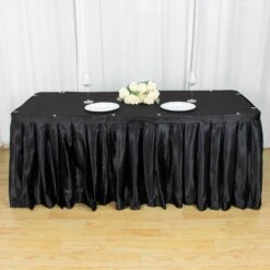 17FT Satin Table Skirt, Glossy Pleated Table Drape -Home Decor Promotional Store SKT STN BLK 17 01